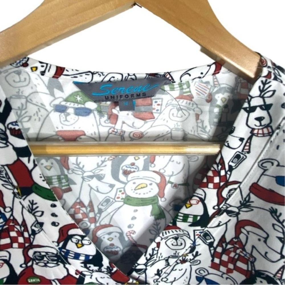 Christmas Santa Penguins Women’s Scrub Top - Picture 4 of 6